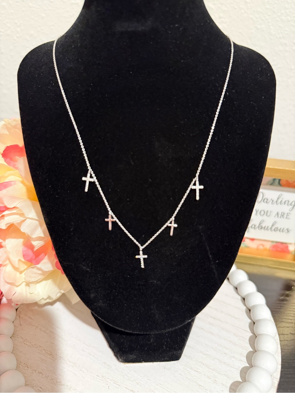 14K White Gold Diamond Multi Cross Dangle Necklace 2.21g Fine Jewelry